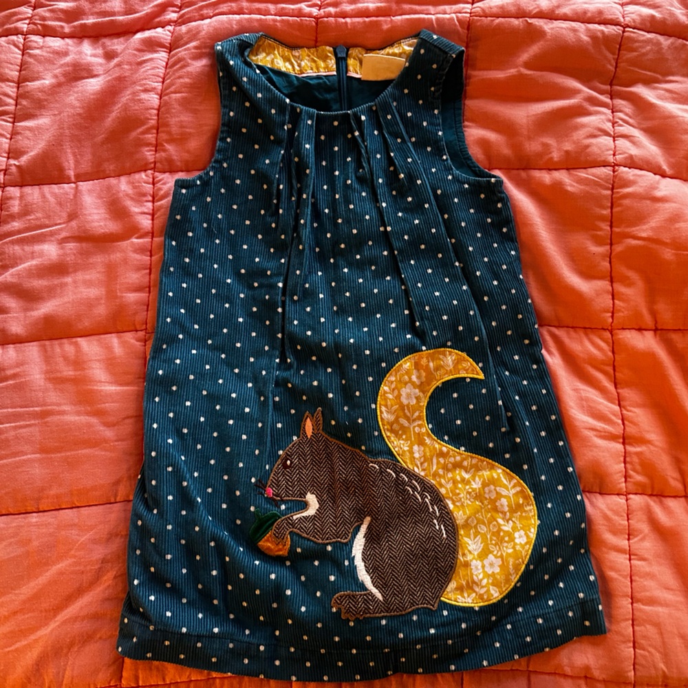 Mini Boden Navy Polka Dot Corduroy Jumper with Squirrel Appliqué